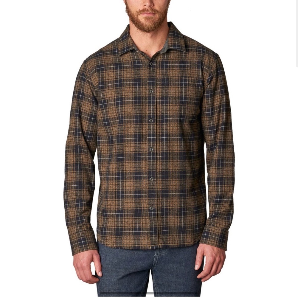 Prana Men’s Woodman Black + Brown Plaid Organic Cotton Flannel Shirt | Sz L
